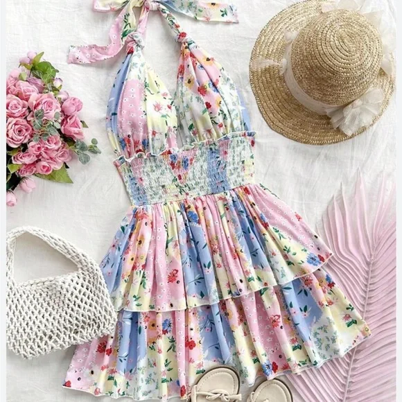 SHEIN multi-color patchwork retro-floral country style sun dress. - Picture 2 of 4